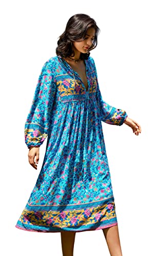 R.Vivimos Damen Beiläufig Bohemien Drucken Krawatte Langarm Strand Stil Lang Midi Urlaub Kleid(Medium,DarkTurquoise) von R.Vivimos