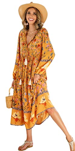 R.Vivimos Damen Beiläufig Bohemien Drucken Krawatte Langarm Strand Stil Lang Midi Urlaub Kleid(Small,Goldenrod) von R.Vivimos