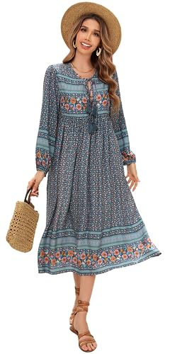 R.Vivimos Damen Beiläufig Bohemien Drucken Krawatte Langarm Strand Stil Lang Midi Urlaub Kleid(2XL,Staubblau) von R.Vivimos