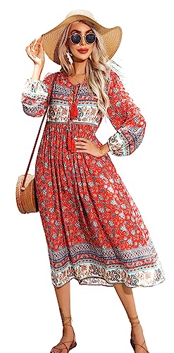 R.Vivimos Damen Beiläufig Bohemien Drucken Krawatte Langarm Strand Stil Lang Midi Urlaub Kleid(2XLarge,AuroraRed) von R.Vivimos