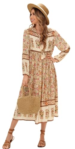 R.Vivimos Damen Beiläufig Bohemien Drucken Krawatte Langarm Strand Stil Lang Midi Urlaub Kleid(2XLarge,Creme) von R.Vivimos