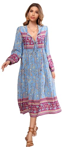 R.Vivimos Damen Beiläufig Bohemien Drucken Krawatte Langarm Strand Stil Lang Midi Urlaub Kleid(2XLarge,Cyanblau#2) von R.Vivimos