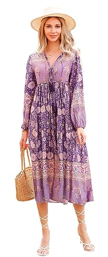 R.Vivimos Damen Beiläufig Bohemien Drucken Krawatte Langarm Strand Stil Lang Midi Urlaub Kleid(2XLarge,Dunkellila) von R.Vivimos