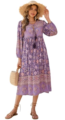 R.Vivimos Damen Beiläufig Bohemien Drucken Krawatte Langarm Strand Stil Lang Midi Urlaub Kleid(2XLarge,Dunkellila) von R.Vivimos