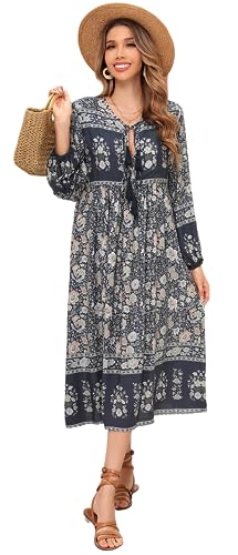 R.Vivimos Damen Beiläufig Bohemien Drucken Krawatte Langarm Strand Stil Lang Midi Urlaub Kleid(2XLarge,RauchSchwarz) von R.Vivimos