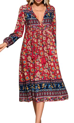 R.Vivimos Damen Beiläufig Bohemien Drucken Krawatte Langarm Strand Stil Lang Midi Urlaub Kleid(2XLarge,Red#2) von R.Vivimos