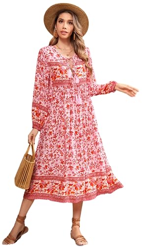 R.Vivimos Damen Beiläufig Bohemien Drucken Krawatte Langarm Strand Stil Lang Midi Urlaub Kleid(2XLarge,Rosenrosa) von R.Vivimos