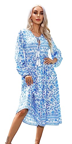 R.Vivimos Damen Beiläufig Bohemien Drucken Krawatte Langarm Strand Stil Lang Midi Urlaub Kleid(L,Azurblau) von R.Vivimos