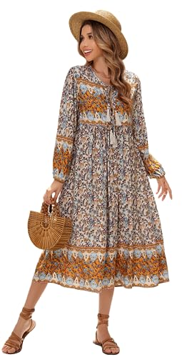 R.Vivimos Damen Beiläufig Bohemien Drucken Krawatte Langarm Strand Stil Lang Midi Urlaub Kleid(L,Cremegrau) von R.Vivimos