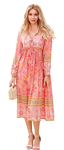 R.Vivimos Damen Beiläufig Bohemien Drucken Krawatte Langarm Strand Stil Lang Midi Urlaub Kleid(Large,Korallenrosa) von R.Vivimos