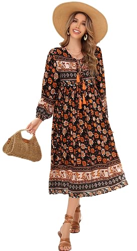 R.Vivimos Damen Beiläufig Bohemien Drucken Krawatte Langarm Strand Stil Lang Midi Urlaub Kleid(Large,Multi-Black) von R.Vivimos