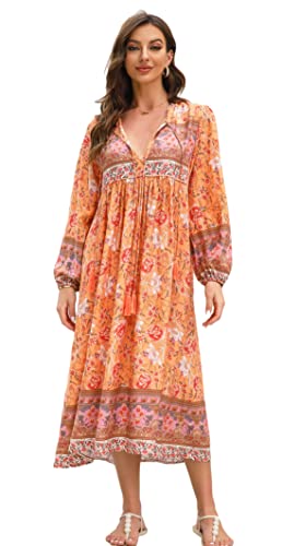 R.Vivimos Damen Beiläufig Bohemien Drucken Krawatte Langarm Strand Stil Lang Midi Urlaub Kleid(Large,Tangerine) von R.Vivimos