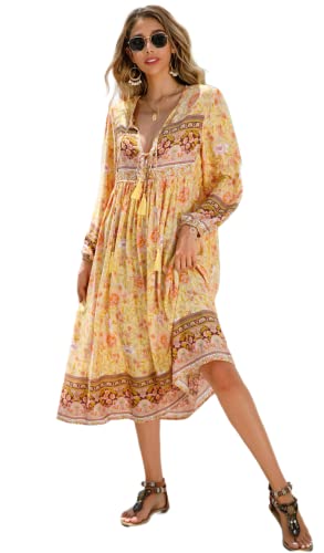 R.Vivimos Damen Beiläufig Bohemien Drucken Krawatte Langarm Strand Stil Lang Midi Urlaub Kleid(Large,Zitrone) von R.Vivimos