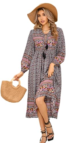 R.Vivimos Damen Beiläufig Bohemien Drucken Krawatte Langarm Strand Stil Lang Midi Urlaub Kleid(M,Schwarz#3) von R.Vivimos