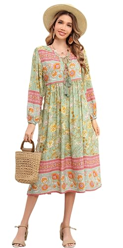 R.Vivimos Damen Beiläufig Bohemien Drucken Krawatte Langarm Strand Stil Lang Midi Urlaub Kleid(M,TenderGreen) von R.Vivimos