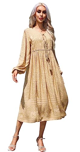 R.Vivimos Damen Beiläufig Bohemien Drucken Krawatte Langarm Strand Stil Lang Midi Urlaub Kleid(Medium,Gelb) von R.Vivimos