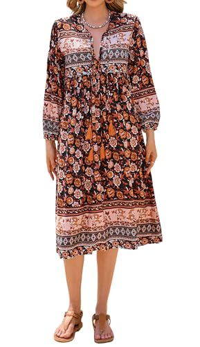 R.Vivimos Damen Beiläufig Bohemien Drucken Krawatte Langarm Strand Stil Lang Midi Urlaub Kleid(Medium,Multi-Black) von R.Vivimos