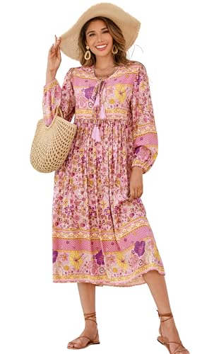 R.Vivimos Damen Beiläufig Bohemien Drucken Krawatte Langarm Strand Stil Lang Midi Urlaub Kleid(S,Blush) von R.Vivimos