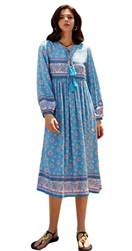 R.Vivimos Damen Beiläufig Bohemien Drucken Krawatte Langarm Strand Stil Lang Midi Urlaub Kleid(Small,HazeBlau) von R.Vivimos