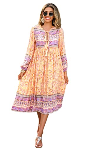 R.Vivimos Damen Beiläufig Bohemien Drucken Krawatte Langarm Strand Stil Lang Midi Urlaub Kleid(Small,LilaGelb) von R.Vivimos