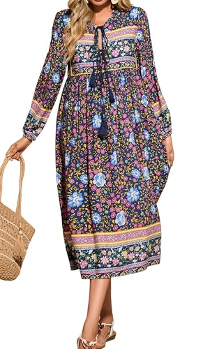 R.Vivimos Damen Beiläufig Bohemien Drucken Krawatte Langarm Strand Stil Lang Midi Urlaub Kleid(Small,Navyblau) von R.Vivimos