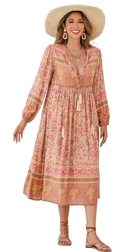 R.Vivimos Damen Beiläufig Bohemien Drucken Krawatte Langarm Strand Stil Lang Midi Urlaub Kleid(XL,Aprikose) von R.Vivimos