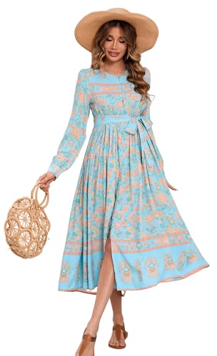 R.Vivimos Damen Blumen Langarm Strand Midi Kleid Boho Print Button Down Gürtel Kleid Langes Urlaubskleid(S,Himmelblau) von R.Vivimos