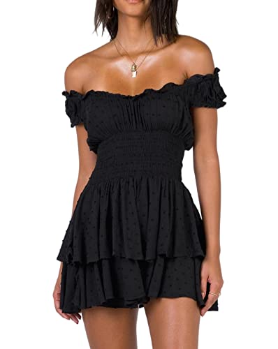 R.Vivimos Damen-Bohemian-Kurzarm-Rüschen, eckiger Ausschnitt, Gerafftes 3D-Tupfen-Minikleid (Medium,Schwarz) von R.Vivimos