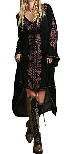 R.Vivimos Damen Bohemian Stickerei V-Ausschnitt Unregelmäßiger Rand Lässige Kleidung Midi Kleid(Medium,Black) von R.Vivimos