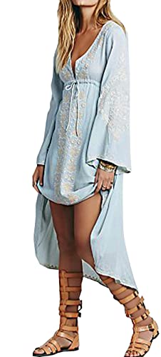 R.Vivimos Damen Bohemian Stickerei V-Ausschnitt Unregelmäßiger Rand Lässige Kleidung Midi Kleid(Medium,Blue) von R.Vivimos