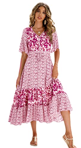 R.Vivimos Damen Boho Blumen Strand Maxikleid Sommerkleid Dame Kurzarm Tiefem V-Ausschnitt Lose Flowy A-Linie Kleid (Mittel, Rosa) von R.Vivimos