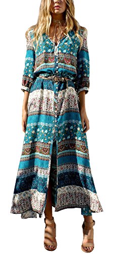 R.Vivimos Damen Boho V Ausschnitt Halbarm Vintage Blumen Maxikleid Button Down A Linie Langes Kleid Mit Schlitz(L,Grün) von R.Vivimos