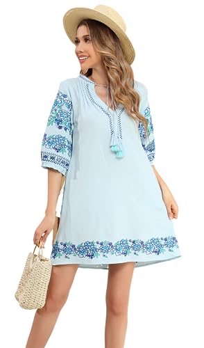 R.Vivimos Womens Boho Bestickt lässig Minikleid Dame lose Sommerkleid Strandkleid Berufung Kleid(L,Blau) von R.Vivimos