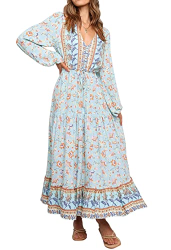 R.Vivimos Damen Boho Langarm V-Ausschnitt Blumen Maxikleid Button Up Loose Vintage Langes Kleid(Blau, L) von R.Vivimos