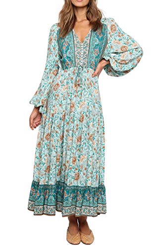 R.Vivimos Damen Boho Langarm V-Ausschnitt Blumen Maxikleid Button Up Loose Vintage Langes Kleid(Grün, L) von R.Vivimos