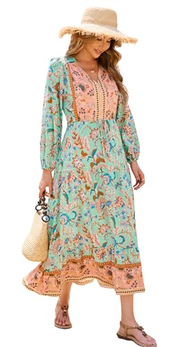R.Vivimos Damen Boho Langarm V-Ausschnitt Blumen Maxikleid Button Up Loose Vintage Langes Kleid(M,Aqua) von R.Vivimos