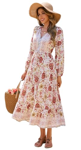 R.Vivimos Damen Boho Langarm V-Ausschnitt Blumen Maxikleid Button Up Loose Vintage Langes Kleid(M,Weiß-Dunkelrosa) von R.Vivimos