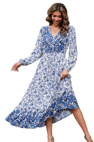 R.Vivimos Damen Boho Langarm V-Ausschnitt Blumen Maxikleid Button Up Loose Vintage Langes Kleid(M,Weißblau) von R.Vivimos