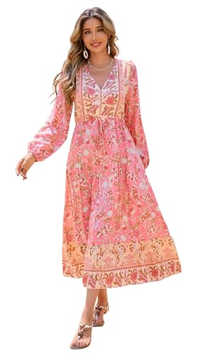 R.Vivimos Damen Boho Langarm V-Ausschnitt Blumen Maxikleid Button Up Loose Vintage Langes Kleid (Medium,Hell-Pink) von R.Vivimos