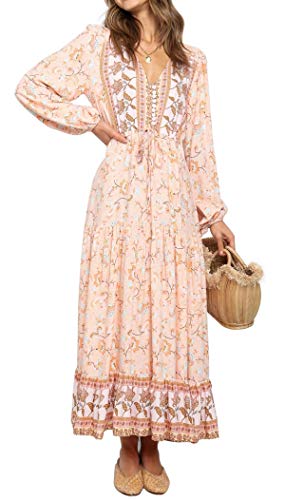 R.Vivimos Damen Boho Langarm V-Ausschnitt Blumen Maxikleid Button Up Loose Vintage Langes Kleid(L,Pfirsich) von R.Vivimos