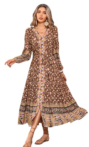 R.Vivimos Damen Boho Langarm V-Ausschnitt Blumen Midi Kleid Button Down Cardigan Lässig Rüschen Midi Kleider Mit Gürtel(M,Braun) von R.Vivimos