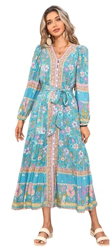 R.Vivimos Damen Boho Langarm V-Ausschnitt Blumen Midi Kleid Button Down Cardigan Lässig Rüschen Midi Kleider Mit Gürtel(S,Teal) von R.Vivimos