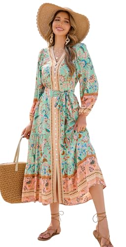 R.Vivimos Damen Boho Langarm V-Ausschnitt Blumen Midi Kleid Button Down Cardigan Lässig Rüschen Midi Kleider Mit Gürtel(XL,Aqua) von R.Vivimos