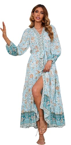 R.Vivimos Damen Boho Langarm V-Ausschnitt Blumen Midi Kleid Button Down Cardigan Lässig Rüschen Midi Kleider mit Gürtel(XL,BlauTürkis) von R.Vivimos