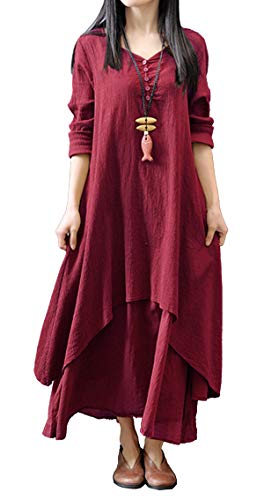 R.Vivimos Damen Boho Lose Langarm Baumwolle Kleid Unregelmäßiger Rand Lässige Maxi Kleider (XL, Weinrot) von R.Vivimos