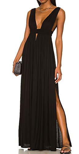 R.Vivimos Damen Boho Sexy V Ausschnitt Rückenfreies Langes Kleid Ärmelloses Cut Out Hawaii Strand Party Maxi Kleid Mit Schlitz(Medium,Schwarz) von R.Vivimos