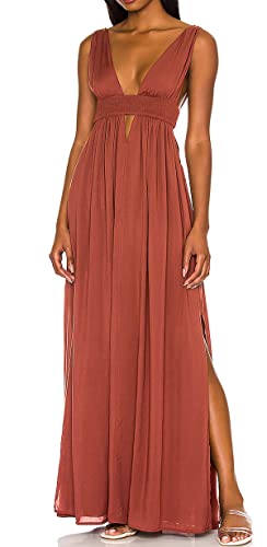 R.Vivimos Damen Boho Sexy V Ausschnitt Rückenfreies Langes Kleid Ärmelloses Cut Out Hawaii Strand Party Maxi Kleid Mit Schlitz(Small,BurntOrange) von R.Vivimos