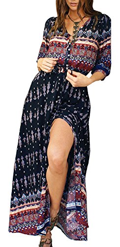 R.Vivimos Damen Boho V Ausschnitt Halbarm Vintage Blumen Maxikleid Button Down A Linie Langes Kleid Mit Schlitz(M,Schwarz) von R.Vivimos