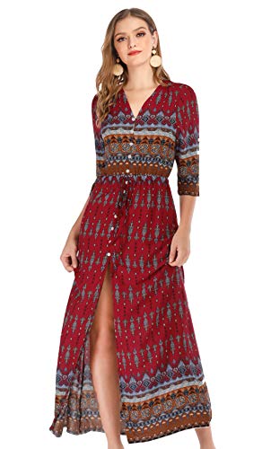 R.Vivimos Damen Boho V Ausschnitt Halbarm Vintage Blumen Maxikleid Button Down A Linie Langes Kleid Mit Schlitz(XXL,Rot) von R.Vivimos