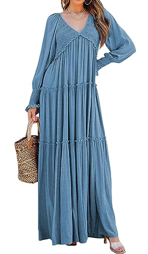 R.Vivimos Damen Boho V Ausschnitt Smock Strand Lang Kleid Langarm Rüschen A Linie Urlaub Maxi Kleid(L,Blau) von R.Vivimos